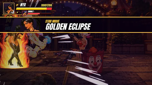 Captura del juego: cinemática del movimiento ESTRELLA de Nyx, GOLDEN ECLIPSE, con fuego dorado en el parque.