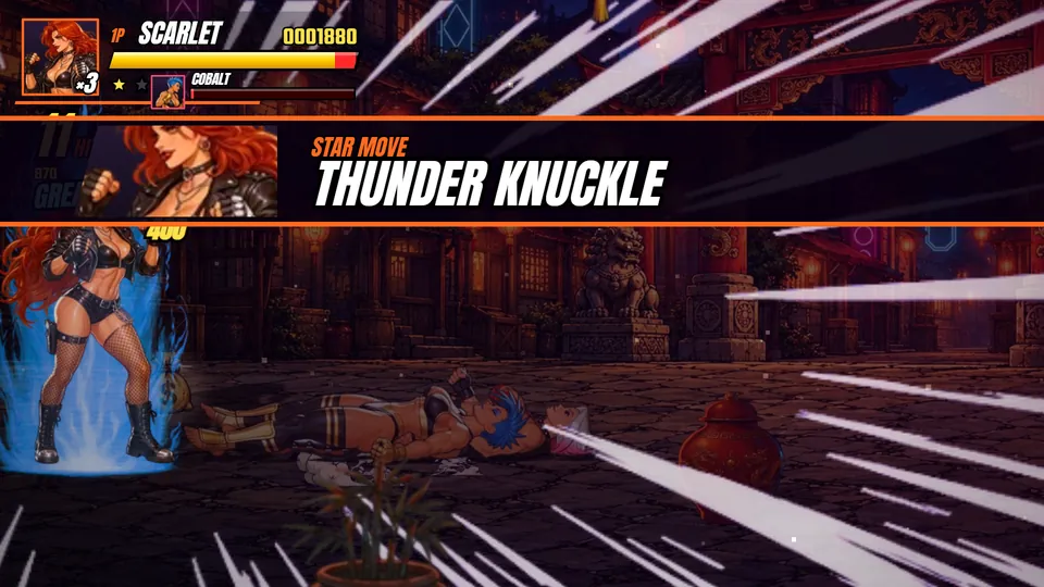 Captura del juego: cinemática del movimiento ESTRELLA de Scarlet, THUNDER KNUCKLE, en el Barrio Chino.