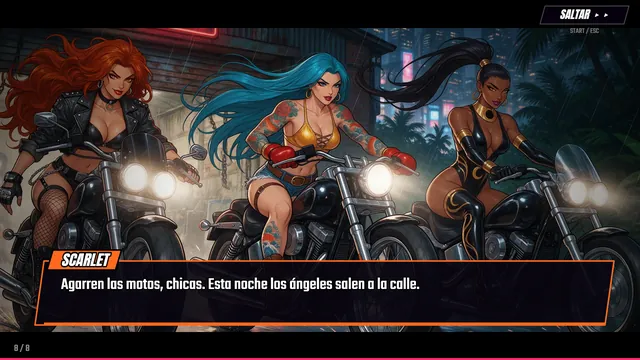 Captura del modo historia: viñeta pintada de Scarlet, Teal y Nyx en moto bajo la lluvia, con el diálogo de Scarlet.