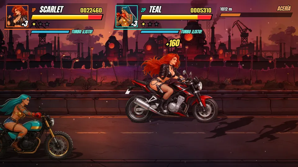 Captura del juego: Scarlet y Teal en moto por la ruta a la acería al atardecer.