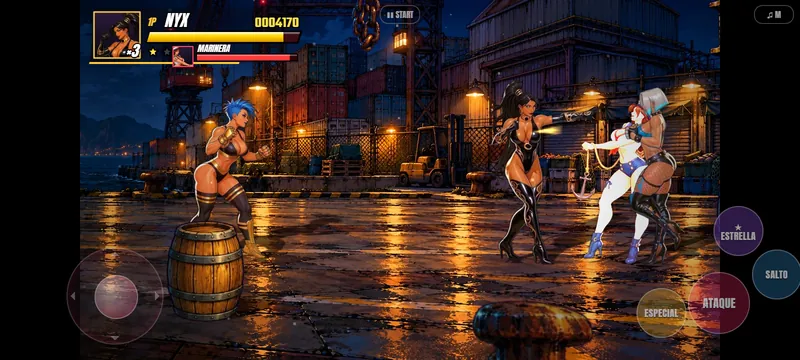 Captura del juego en un celular apaisado: Nyx pelea en el puerto con la palanca virtual a la izquierda y los botones ATAQUE, SALTO, ESPECIAL y ESTRELLA a la derecha.