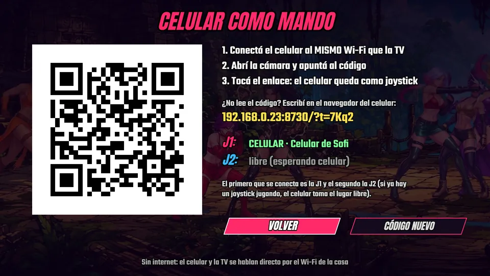 Captura de la app de Android TV: pantalla CELULAR COMO MANDO con el código QR y los tres pasos para conectar el celular.