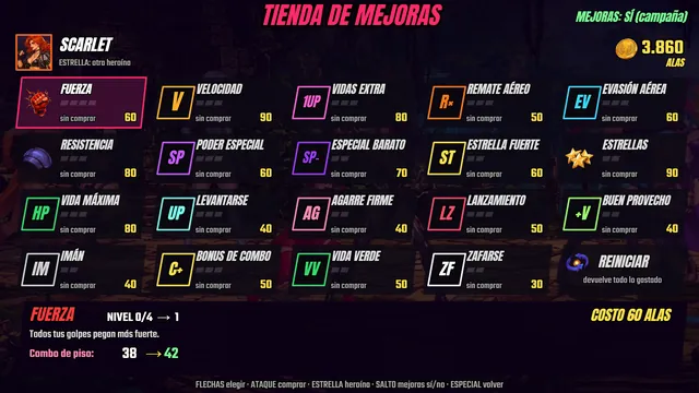 Captura del juego: TIENDA DE MEJORAS de Scarlet con las 19 mejoras que se compran con ALAS.