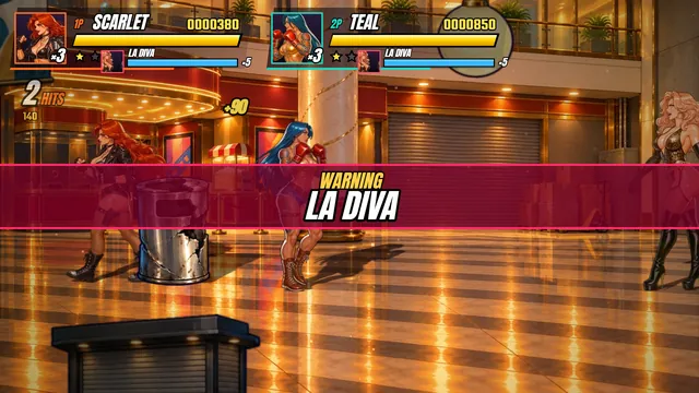 Captura del juego: franja de aviso WARNING! con el nombre LA DIVA al entrar la jefa en el shopping.